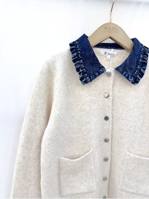 Gilet maille col claudine en jean manches longues