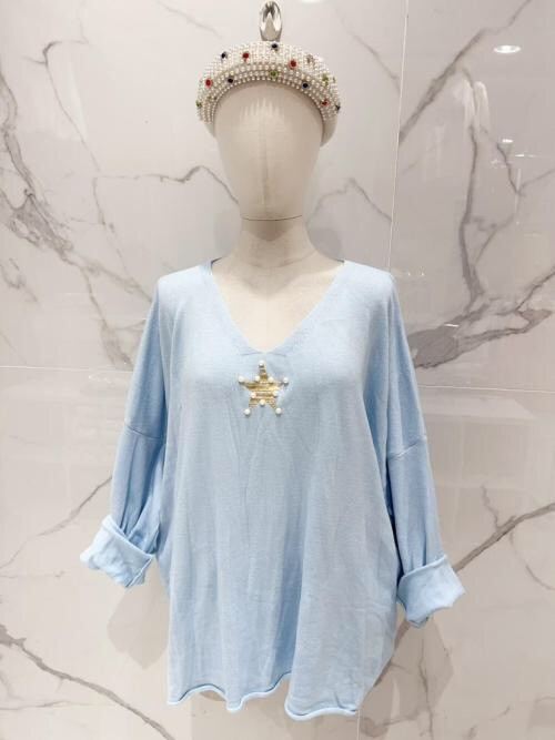 Pull XXL étoile perlée et dorée col V