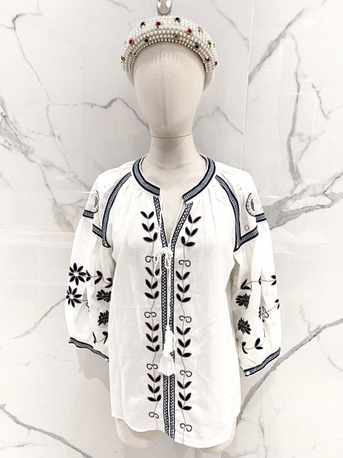 Chemise manches longues col tunisien broderie éthnique
