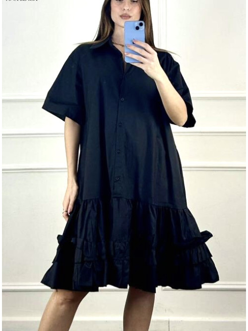 Robe chemise midi oversized bas volanté manches courtes
