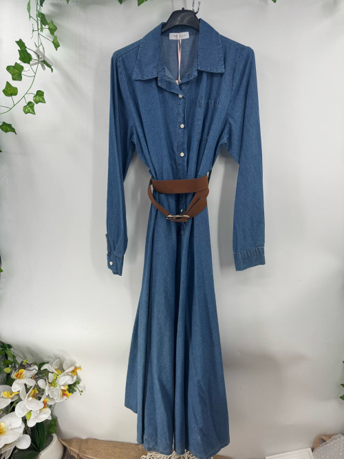 Robe longue en jean léger ceinturée manches longues