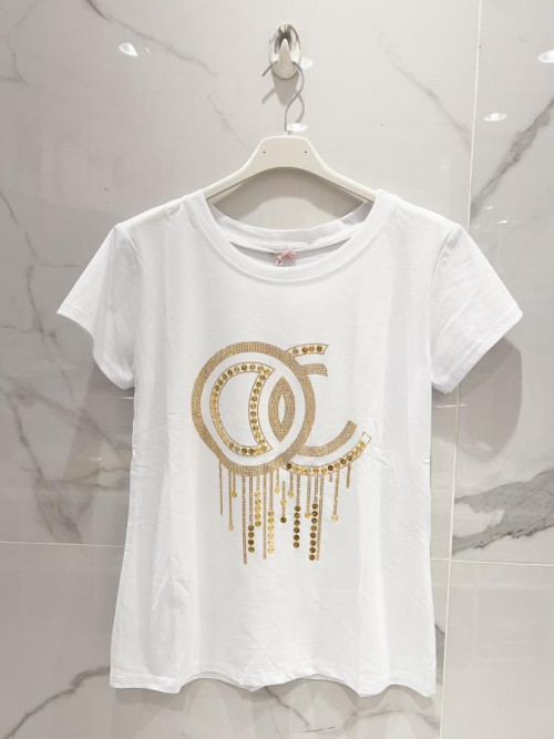 T-shirt avec strass et pastilles dorés col rond manches courtes