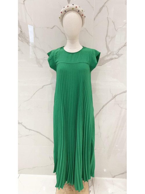 Robe longue plissée col rond manches courtes