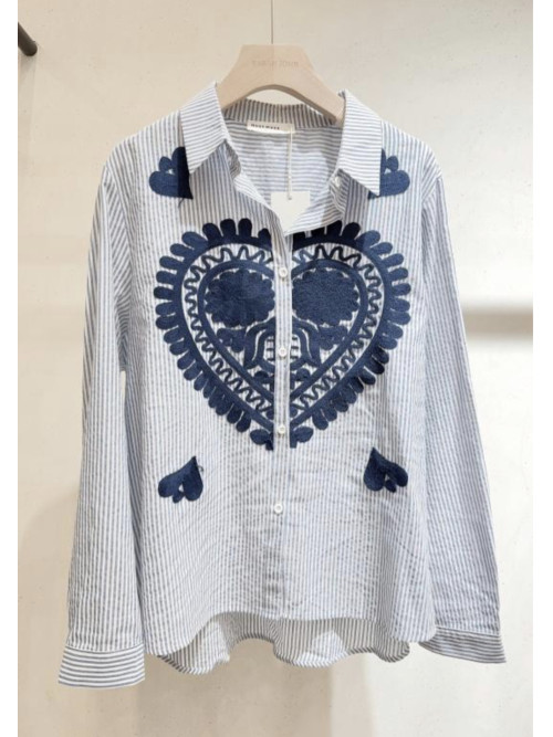Chemise manches longues plastron broderies marine