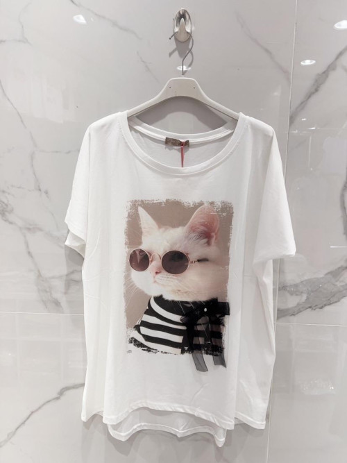 T-shirt oversized col rond manches courtes "chats lunettes"