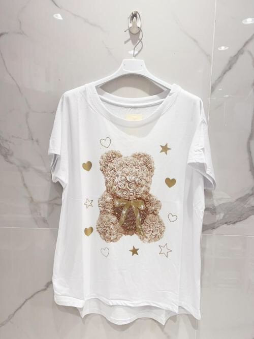 T-shirt oversized manches courtes "ourson en roses strassées"