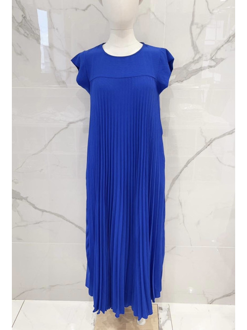 Robe longue plissée col rond manches courtes