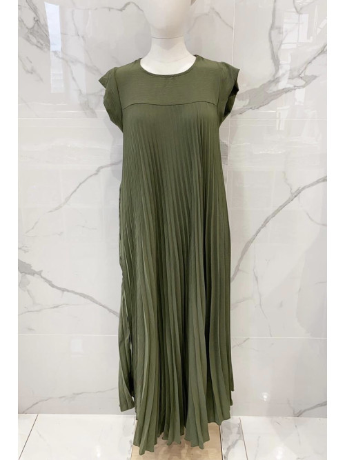 Robe longue plissée col rond manches courtes
