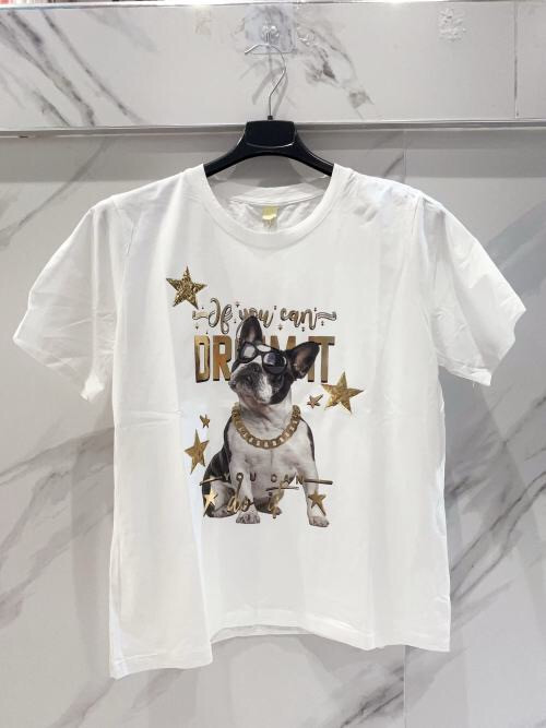 T-shirt imprimé chien étoiles dorées col rond manches courtes