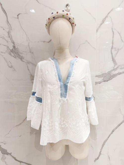 Tunique bohème broderie anglaise col tunisien en jean