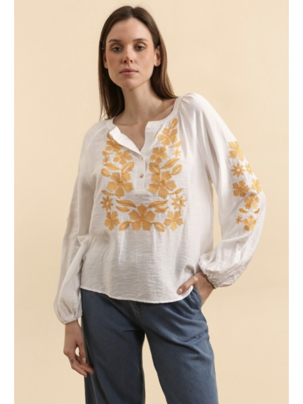 Chemise col tunisien avec broderies florales