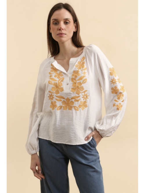 Chemise col tunisien avec broderies florales