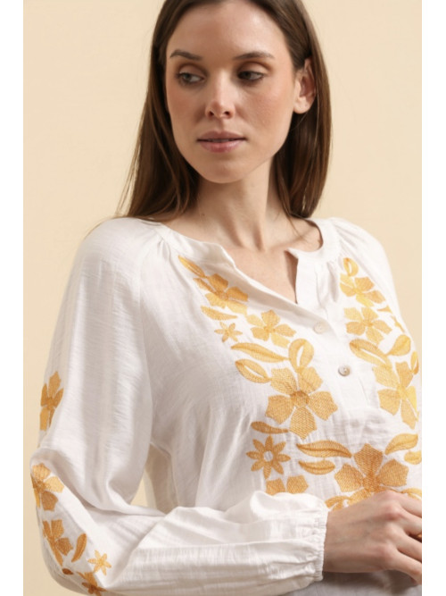 Chemise col tunisien avec broderies florales