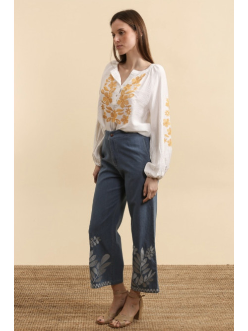 Pantalon jean wide leg brodé