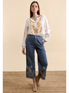 Pantalon jean wide leg brodé