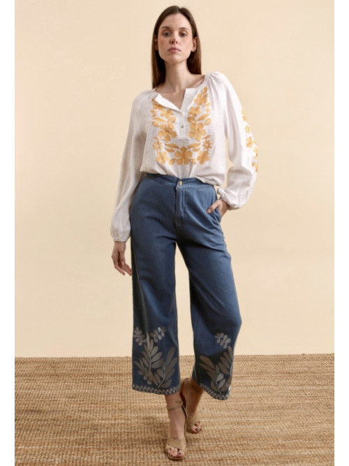 Pantalon jean wide leg brodé