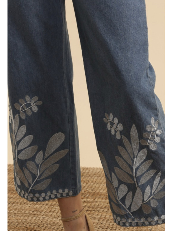 Pantalon jean wide leg brodé