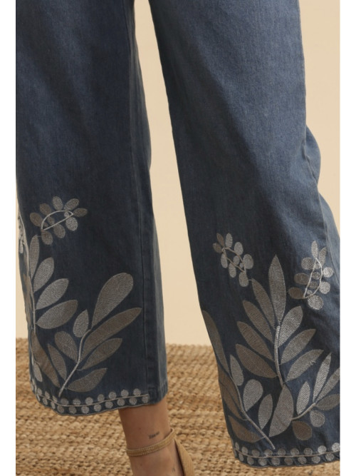 Pantalon jean wide leg brodé