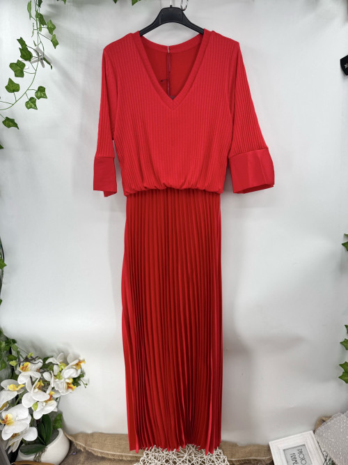 Robe longue plissée bi matière col V manches au coude