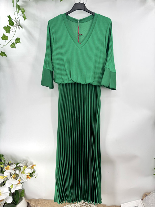 Robe longue plissée bi matière col V manches au coude