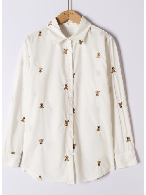 Chemise en coton brodé oursons manches longues