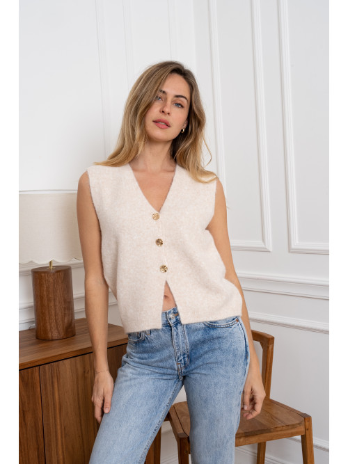 Gilet maille avec 3 boutons dorés martelés sans manche