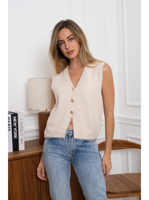 Gilet maille avec 3 boutons dorés martelés sans manche
