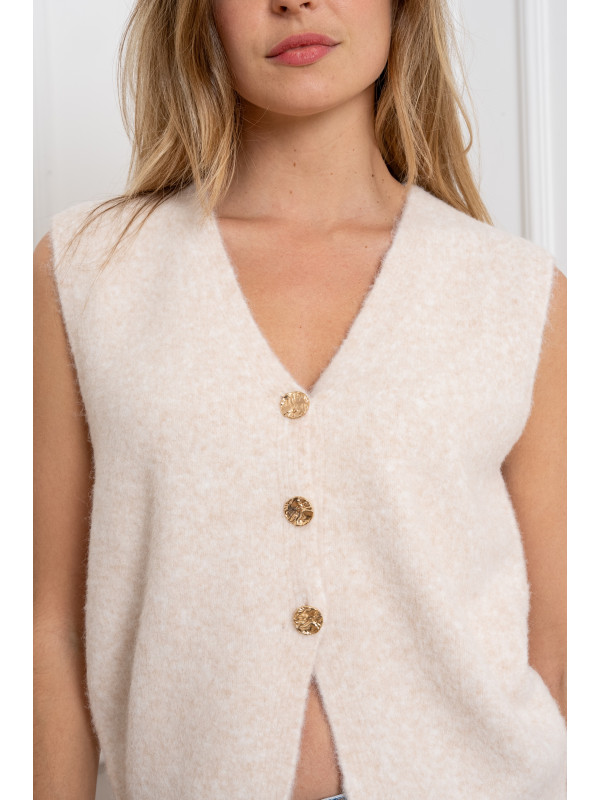 Gilet maille avec 3 boutons dorés martelés sans manche