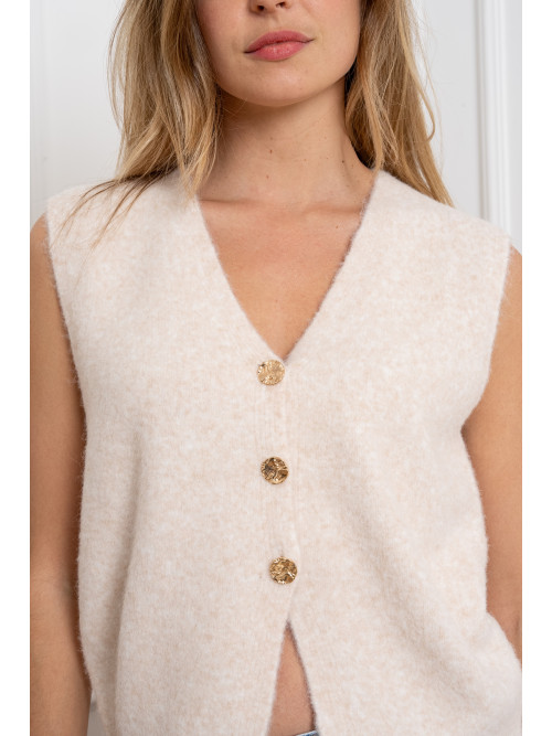 Gilet maille avec 3 boutons dorés martelés sans manche