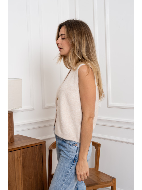 Gilet maille avec 3 boutons dorés martelés sans manche