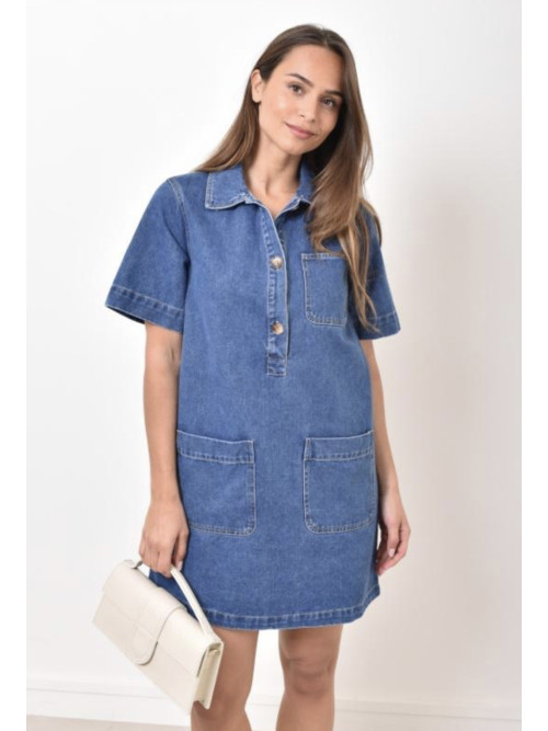 Robe courte en jean manches courtes col chemise