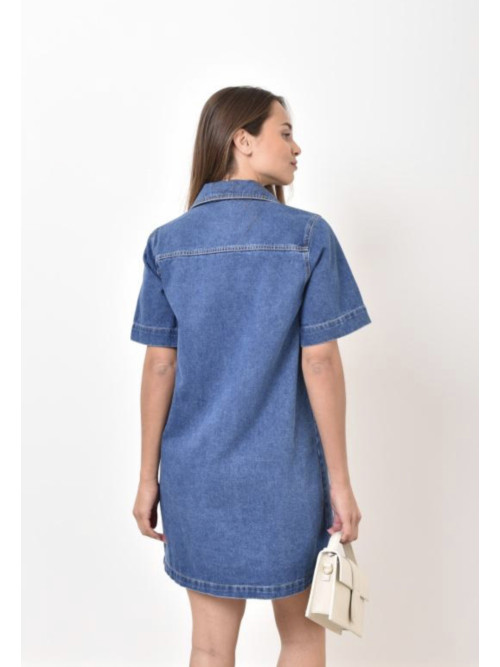Robe courte en jean manches courtes col chemise