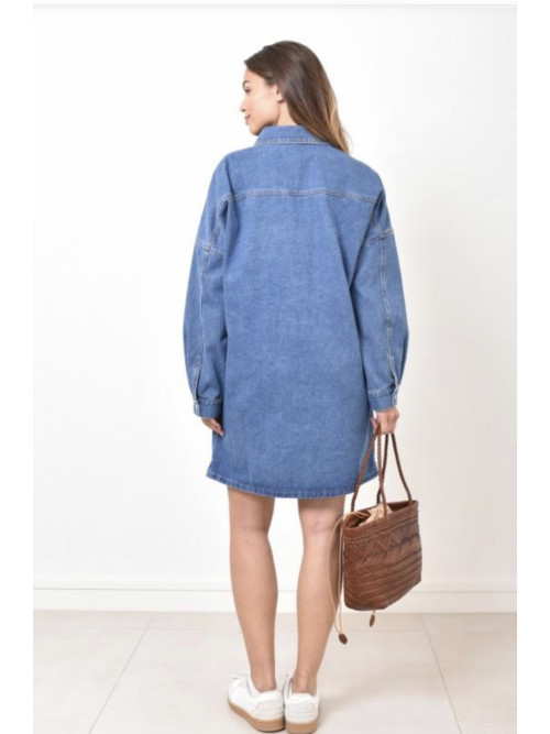 Robe courte oversized en jean manches longues col chemise