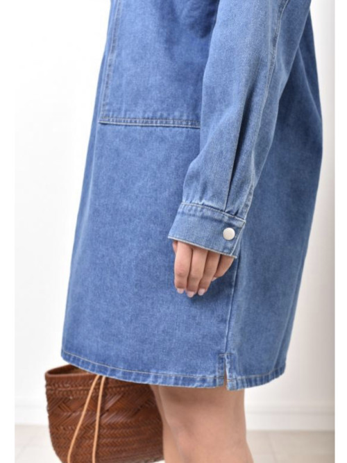 Robe courte oversized en jean manches longues col chemise