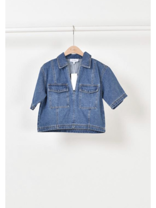Top cropped en jean manches courtes col chemise