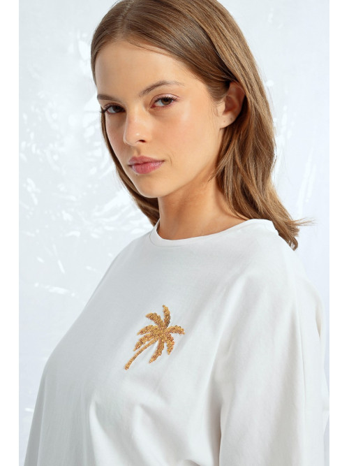 T-shirt col rond oversized palmier en sequins