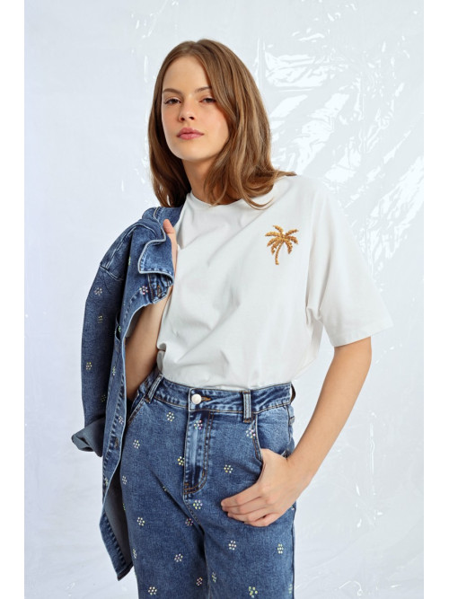 T-shirt col rond oversized palmier en sequins