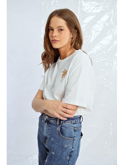 T-shirt col rond oversized palmier en sequins