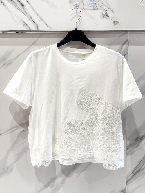 T-shirt cropped broderies ajourées col rond