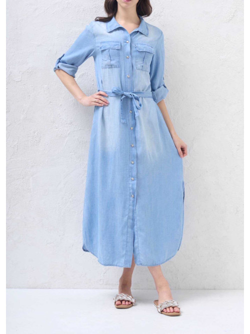 Robe saharienne ceinturée longue en jean léger