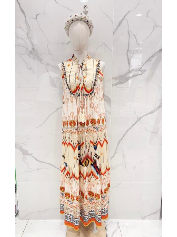 Robe longue imprimé éthnique sans manche