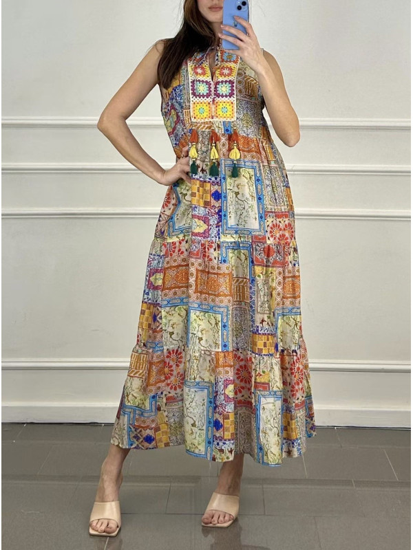 Robe longue imprimé patchwork sans manche