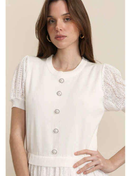 Robe col rond manches et bas de robe en dentelle