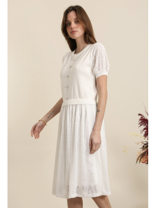 Robe col rond manches et bas de robe en dentelle