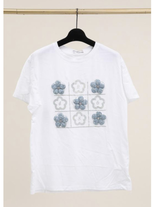 T-shirt fleurs jean et sequins avec strass
