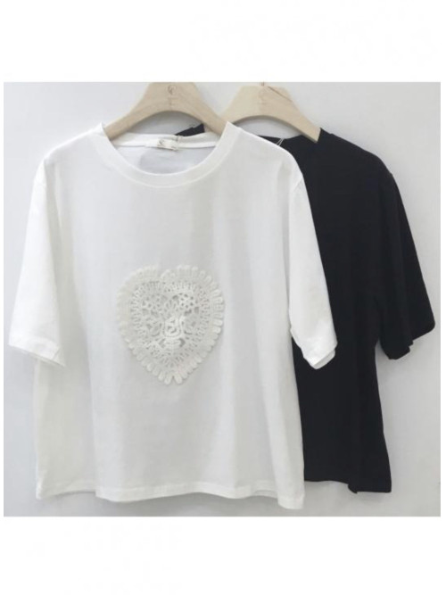 T-shirt col rond manches courtes oversized coeur en guipure