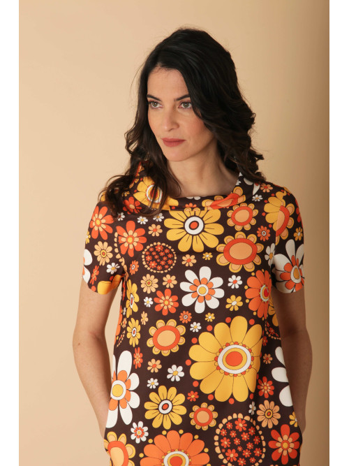 Robe 70's fleurie col boule manches courtes Hippocampe
