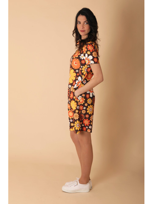 Robe 70's fleurie col boule manches courtes Hippocampe