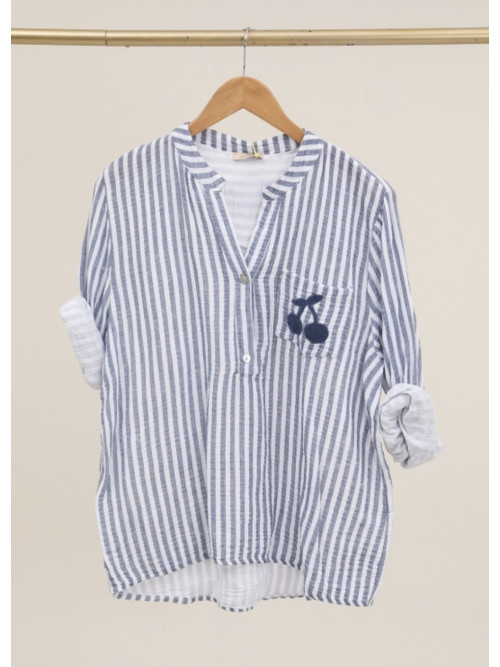 Chemise rayée sans col en gaze de coton brodé "cerises"