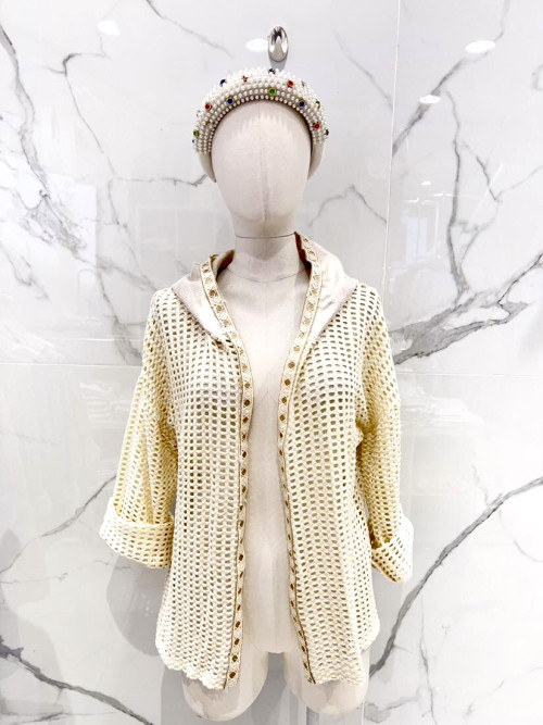 Gilet maille filet et capuche en lurex